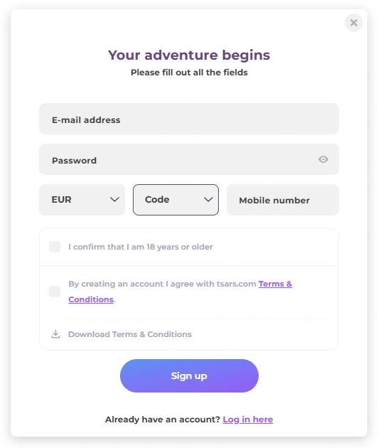Tsars Casino Register